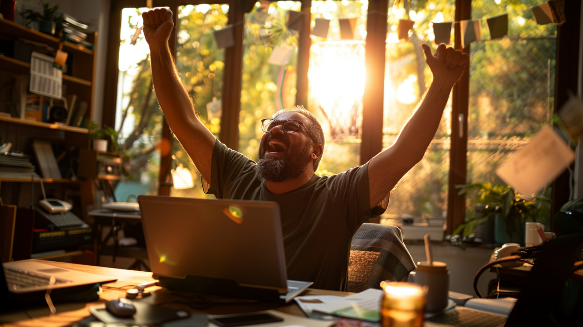 emprendedor argentino celebrando ventas online desde su laptop